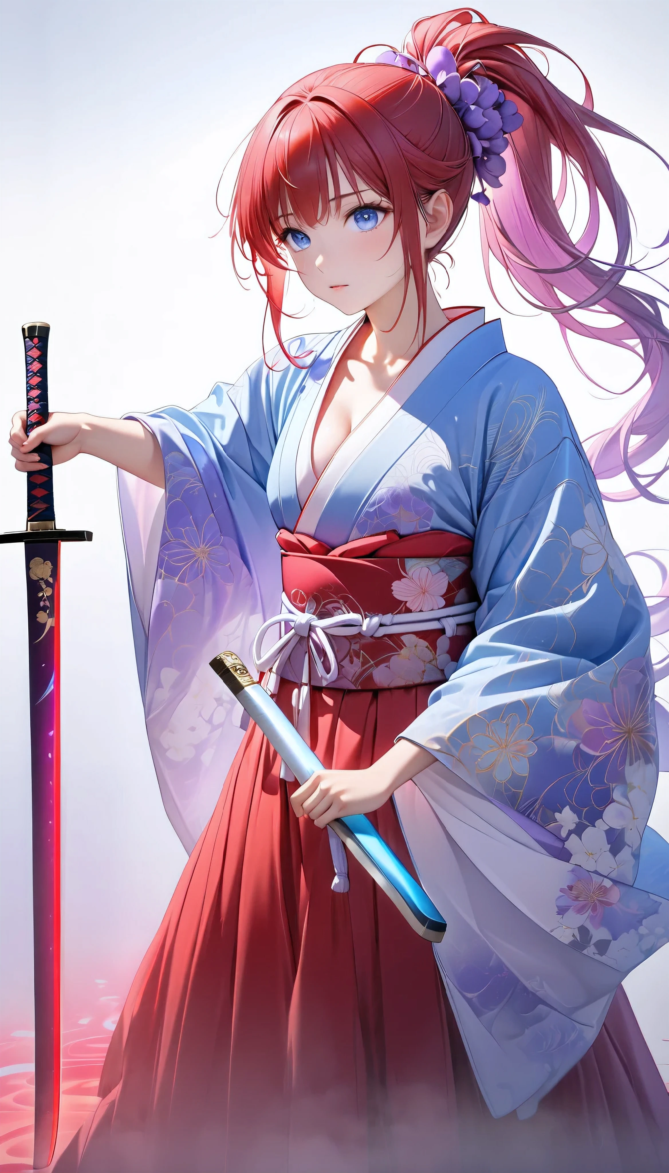 Hyperrealism,  best quality,  best quality,  highest resolution, Red Theme, 
break:  accurate and clear depiction ,  detailed and realistic skin texture , aesthetically beautiful, 
1. break (( Mysterious Girl )), Female Swordsman, Indifference, kind, 
break (Long hair in a ponytail, White-purple gradation:1.3),   Detailed and Delicate , 
break Strong and fleeting eyes,  blue eyes, transparency,  Reflection of light , gross, aesthetically beautiful, 
break Detailed and beautiful skin texture,  Expressing Attractive Softness , aesthetically beautiful, 
break Luxury Costume, [ kimono|Hanfu], ((  I can see a little cleavage )), The suppleness of silk, Silk texture, 絹のgross, length, transparency, aesthetically beautiful, 
break Slim and plump,  Attractive legs ,  short Japanese white footbag ,  short ankle-length socks , Cotton texture, 
break Detailed and beautiful skin texture, Dark blue  kimono,  colorful and intricate pattern ,  bright color, The suppleness of silk, Silk texture, 絹のgross, length, transparency, aesthetically beautiful, 
break ( lower belt position :1.3), Waist position, 
break Fighting with an exquisitely sharp Japanese sword,  Japanese Traditional Crafts , beautiful, 
2. break  Reflection of light ,  Sunshine , 
 BREAK Dark Fantasy ,  transparent pastel colors , Fantastic Fog, For stunning images, 
3. break Hyperrealism,Graceful Depiction ,  best quality,  highest resolution, 
break Perfect and dynamic composition,   Photographed from the Most Attractive Perspective  , 
break Mysterious Light,  puzzle-like expression ,  surprise all viewers 、} I'm moved Let's make it , 
break Emphasizing the presence of the subject,  cinematic lighting effects in early winter, Amazing rainbow colors, 
break Blacklight,  Holographic , Incomprehensible, 
break ( standing:1.0), ( Holding a Japanese Sword in Front of the Chest :1.3),   , 
break (  full body shot :1.5), 