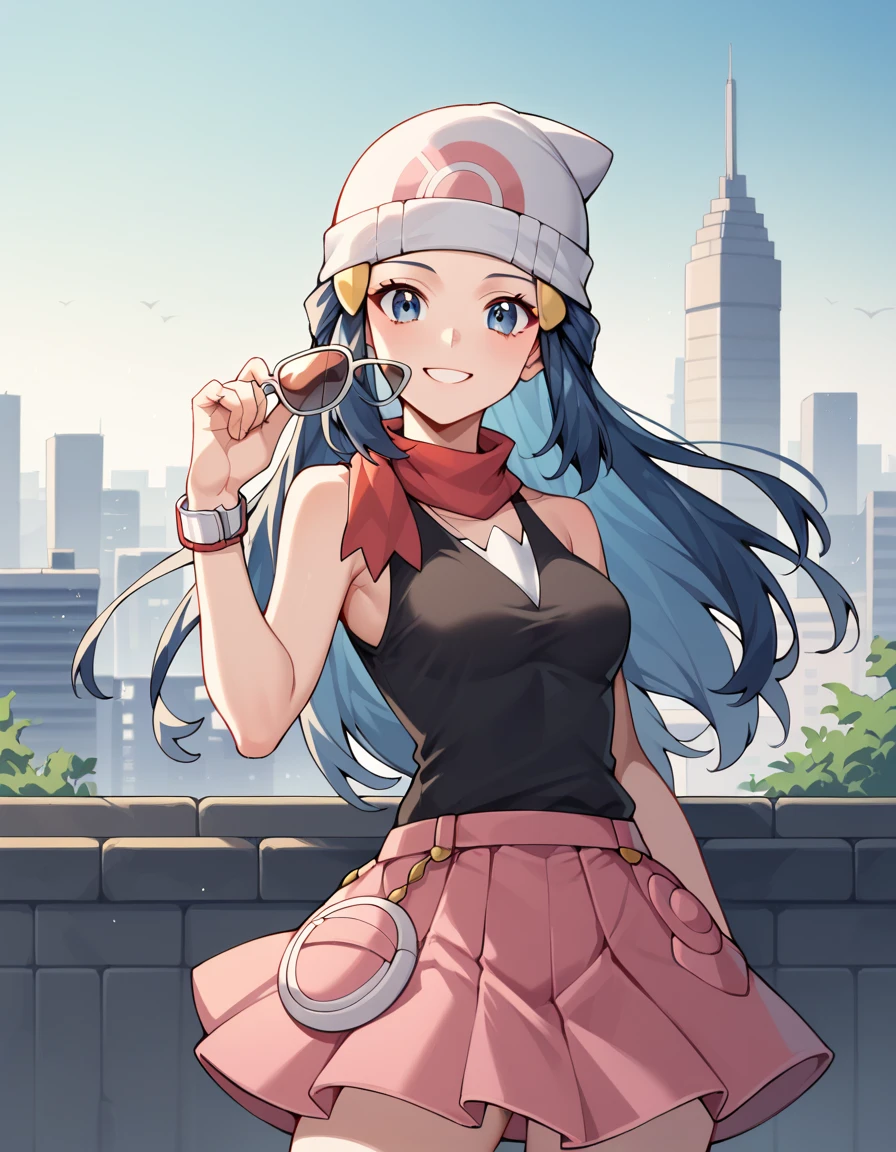 score_9, score_8_up, score_7_up, anime_source, pokemondawn, pokemon dawn, navy blue hair with a greyish tint, blue eyes, long hair, smile, glasses on head, hat, skirt, sunglasses, shirt, black shirt, sleeveless, red skirt, pink hat, outdoors, cityscape, looking at viewer, cowboy shot,