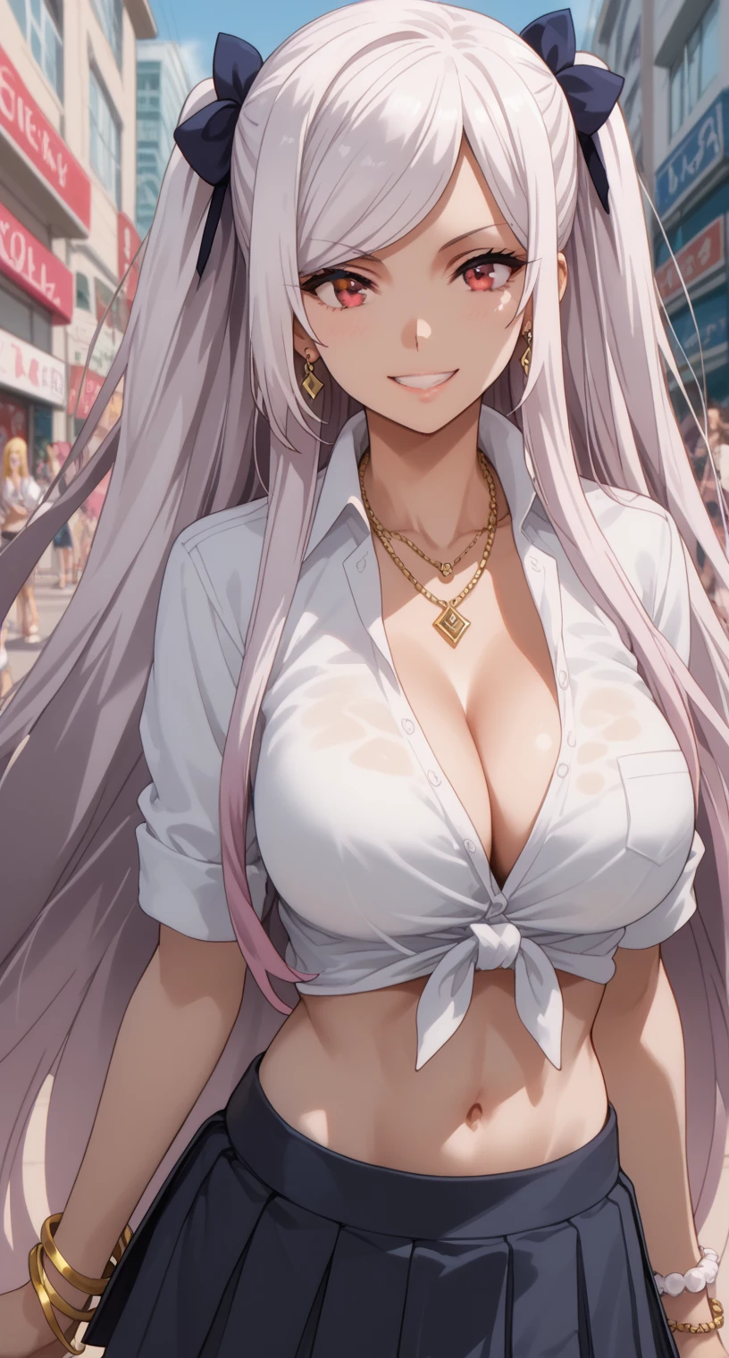 Source anime, Tall girl, Fit girl,score_9, score_8_up, score_7_up, score_6_up, uncensored, alexia midgar, long hair, very long hair, hair ribbon, white hair, red eyes, sidelocks, ribbon, large breast, collared shirt, tied shirt, pleated skirt, flashy gyaru, happy, showy,too many accessories, colorful , kogal, kogal gyaru, necklace, earrings, bracelet, navel, midriff,