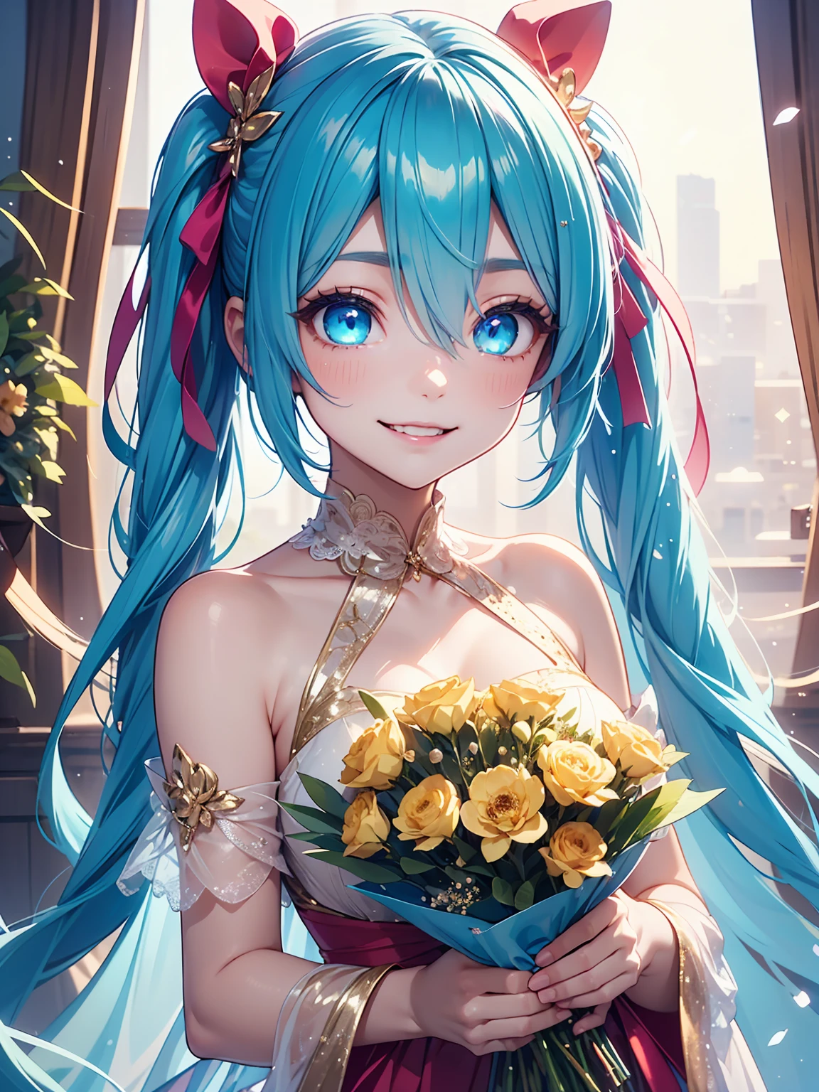 A joyful anime girl with a radiant smile, wearing an elegant pink dress adorned with delicate lace and ribbon details. She is holding a celebratory bouquet of vibrant flowers, extending it forward as she says "Congratulations" with warmth and excitement. The background is glowing with soft, golden light, filled with bokeh effects and festive decorations, creating a cheerful and uplifting atmosphere. Her expression is full of happiness, and her sparkling eyes convey genuine emotion. The art style is highly detailed, vibrant, and rendered in 8K,

hatsunemiku, miku hatsune, ahoge, aqua eyes, aqua hair, crossed bangs, hair between eyes, hair ornament,long hair, twintails,best quality, high resolution, unity 8k wallpaper, (illustration:0.8), (beautiful detailed eyes:1.6), extremely detailed face, perfect lighting, extremely detailed CG, 