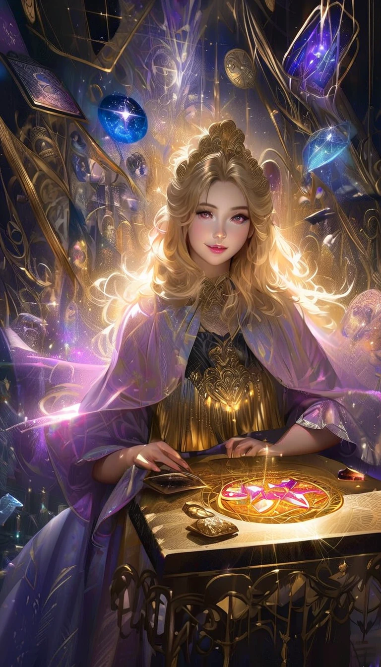 a beauty girl、The Wizard of Topaz(masterpiece、top-quality、top-quality、Official Art、Beautifully Aesthetic:1.2)、(1girl)、Extreme Details、colourfull、highestdetailed、Official Art、Unity 8k壁纸、ultra-detailliert、Beautifully Aesthetic、Beautiful fece、masterpiece、top-quality、(Zentangle、a Mandala、Tangles、entanglement)、Holy Light、gold foil、Gold leaf art、glitter drawing、PerfectNwsjMajmagic
Lots of scattered crystal tarot cards、accessoires、Shine in the center、Fortune telling tools
fantasy、intergalactic、cleanness、
glinting、Shines、magnifica、colourfull、brightened、luminescence
Magic Pictures, dramatic lighting, photorealisim, The ultra-detailliert, 4K, depth of fields, hight resolution