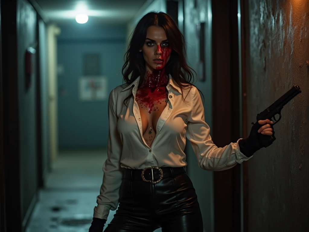 8k quality photorealistic full body shot of a woman inside a psychiatric hostital room in arkham city, bright exposure, soft fill lighting, blood on the walls, steel beds, fashion photoshoot, shot on ARRI ALEXA 65 with 50mm lens