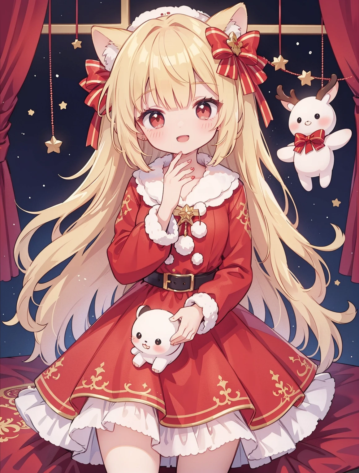 Santa Claus happily carrying presents、Santa is a pretty girl、Chibi Doll、Stars in the eyes(kirakira)、Eye Up、Laugh、Cute red shoes、foco nítido, Ultra Detail, radiant light、bio luminescent、snowscape、It's snowing、Draw a large snowflake in the foreground、Taken from the side、Stronger bokeh effect