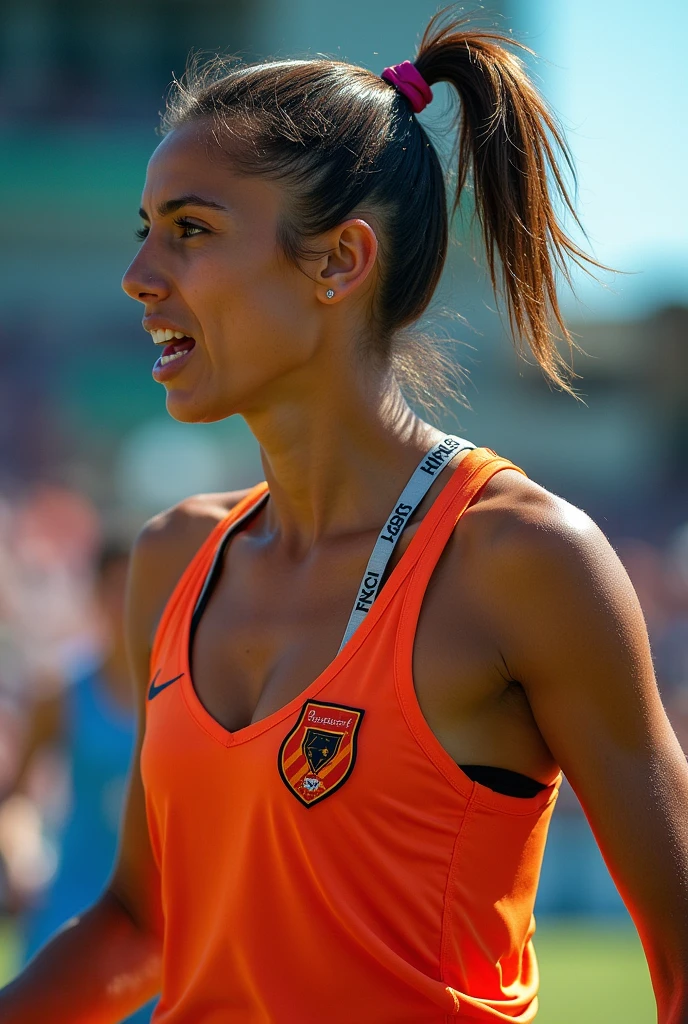 Sportswoman with a tan and brunette hair