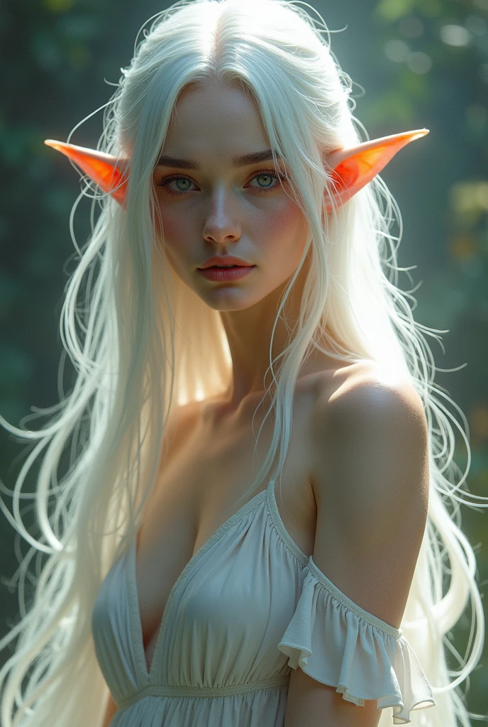 elf woman, white hair, slim waist, very detailed full body, very realistic. Nude.