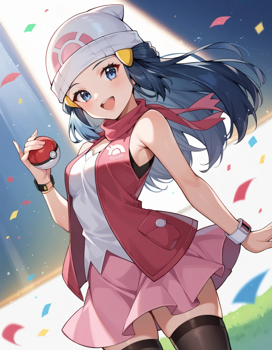 score_9, score_8_up, score_7_up, anime_source, pokemondawn, pokemon dawn, navy blue hair with a greyish tint, blue eyes, long hair, neckband, blue headband, pink sleeveless shirt, bare arms, red jacket, pink skirt, high black stockings, dutch angle, pink hat, hand up, smile, happy, open mouth, holding a pokeball, light particles, light rays, dutch angle, aura, backlight, confetti, light particles, light rays, stage, stage lights, spotlight