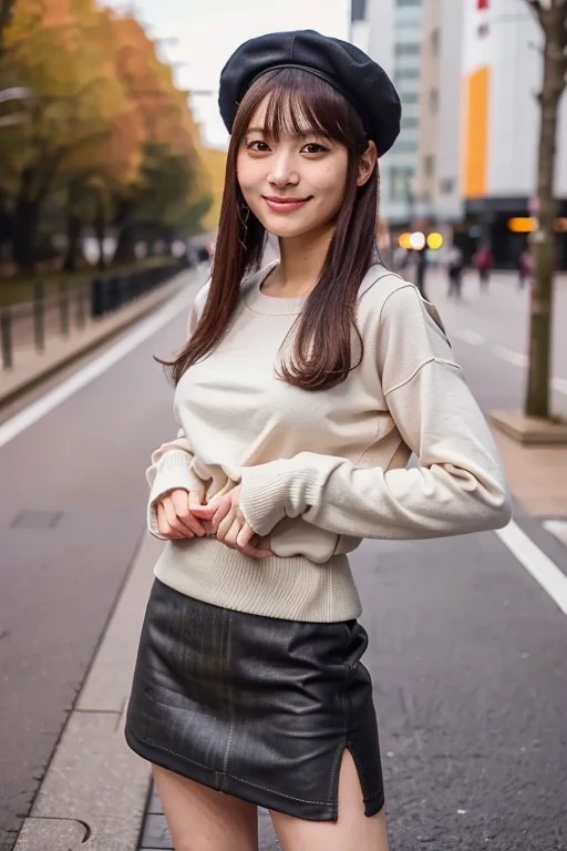 (masterpiece, best quality, perfect anatomy, highres, 8k, realistic, photorealistic, natural skin texture, no makeup:1.2), 1girl, solo, Japanese, age20, erogao, jp idol, tanukigao, shy smile, (large breasts:1.2), (perfect figure), autumn, gray long sleeve tight knit, beige flair mini skirt, long boots, (black beret:1.2), at Tokyo down town, (looking at viewer:1.5), natural lighting. (fullbody shot:1.5)