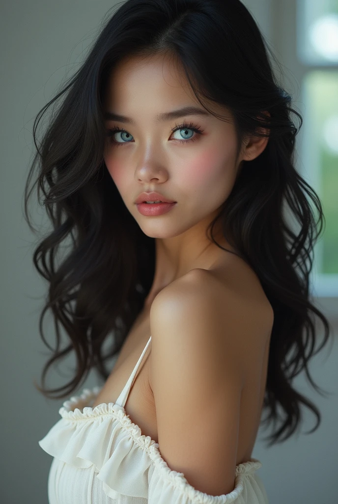 Beautiful young naked woman. Black hair and big blue eyes wearing very sheer pantyhose.