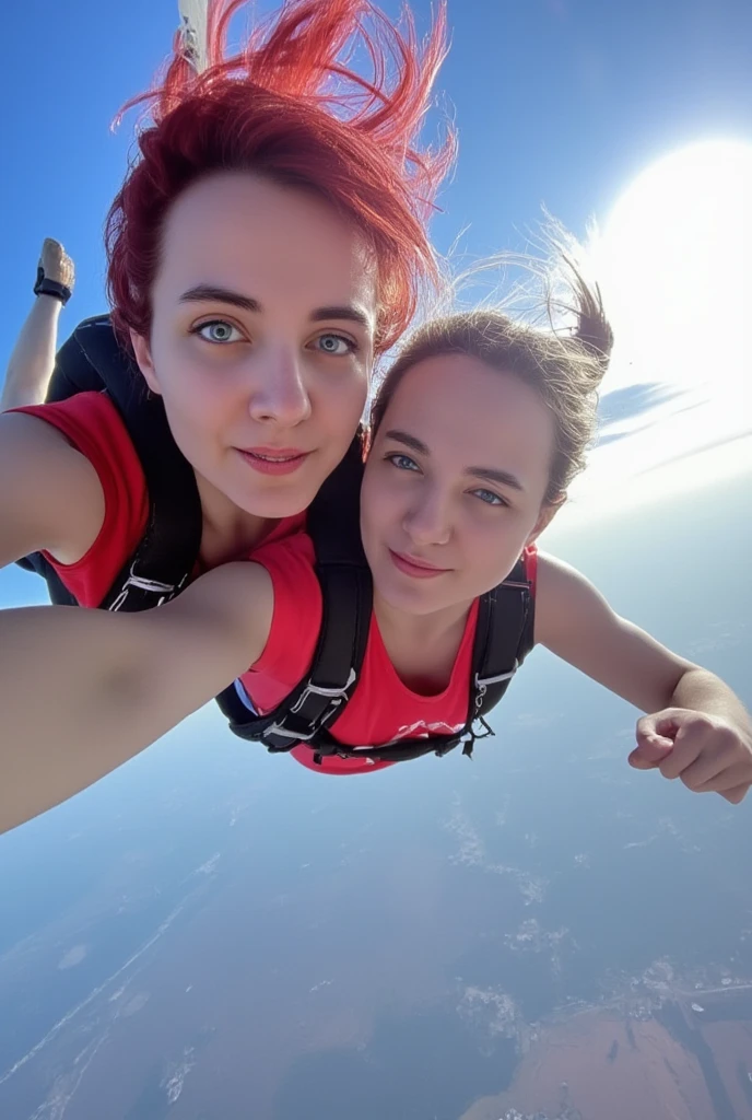 amouranth and lilamaddyson, 2 people, American couple rides, flies down with a parachute and takes a selfie, thumbs up, watch to the camera, selfie, wide angle, red head girl, 1girl, 1boy, dirt, smile, hair blown by the wind,