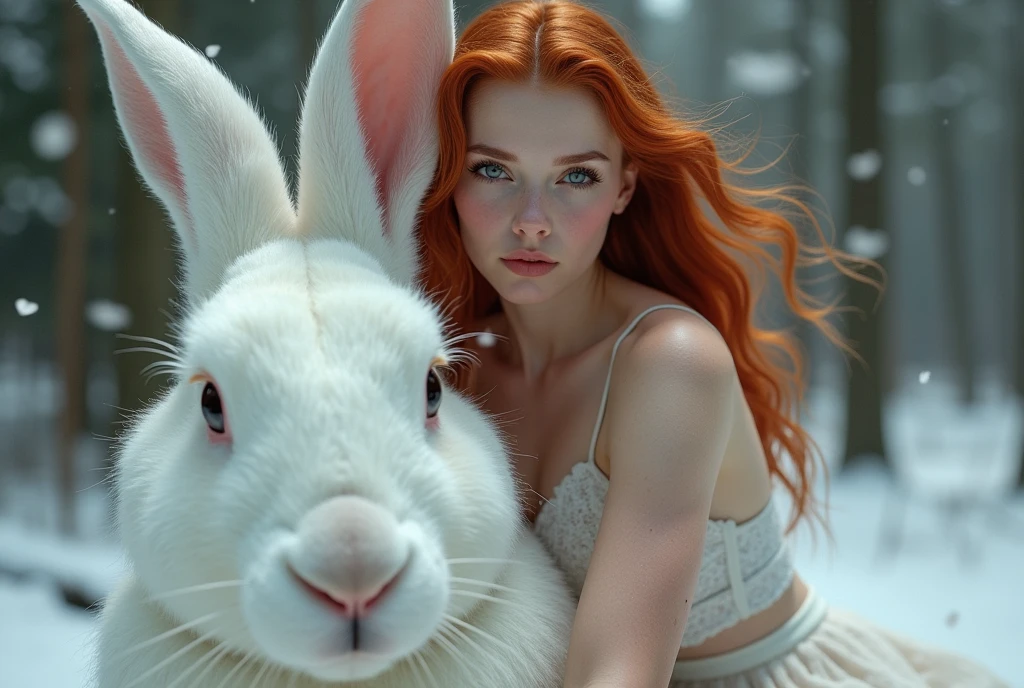 hyperrealistic rendition, ultra detailed, realistic, high definition, realistic photo of the 1 most beautiful red haired girl with big breasts pets a white cute rabbit 