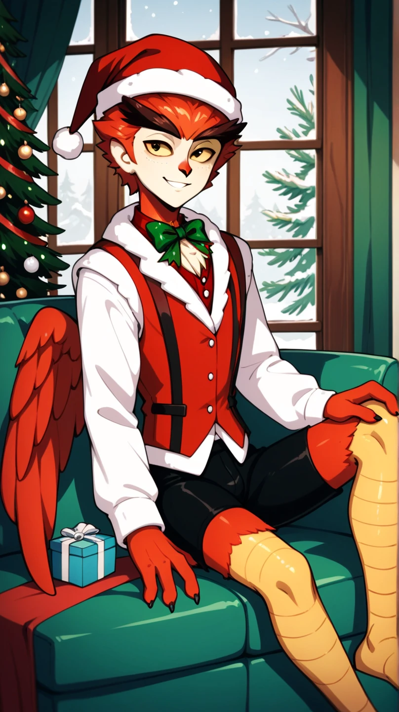 masterpiece, 1boy, herneval, solo, owl, feathered, wings, vest, yellow sclera, three fingers each hand, bird legs, xmas, victorian indoors, xmas tree, pile of xmas gifts, snow in window, sitting in a red couch, light smile, santa hat