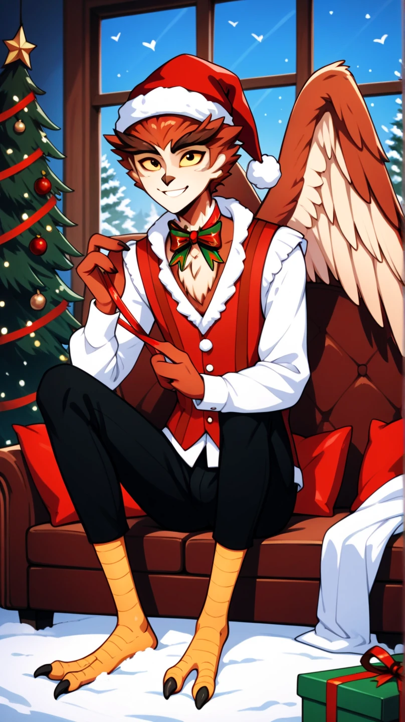 masterpiece, 1boy, herneval, solo, owl, feathered, wings, vest, yellow sclera, three fingers each hand, bird legs, xmas, victorian indoors, xmas tree, pile of xmas gifts, snow in window, sitting in a red couch, light smile, santa hat