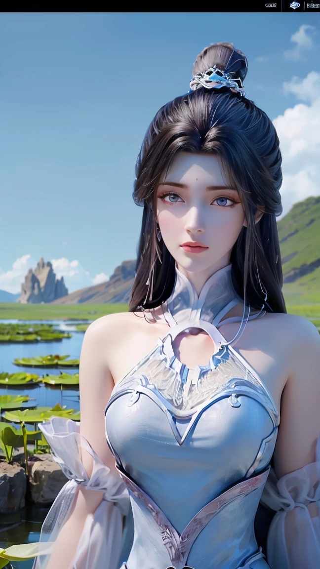 超 High resolution ,  High resolution , ( Official Art ,  Beautiful and beautiful:1.2), ( Close-eye view :1.15), (1girl,  Blue Hair , medium long hair, blue eyes,  bright eyes ,  Long white dress ,  blue lotus leaf edge ,:1.2) blue sky,  twinkling galaxy , ( Uyuni salt marsh :1.2), (fractal art:0.8), Water effect ,  Chain reaction , (Flower effect : 0.65),  lighting effect ,