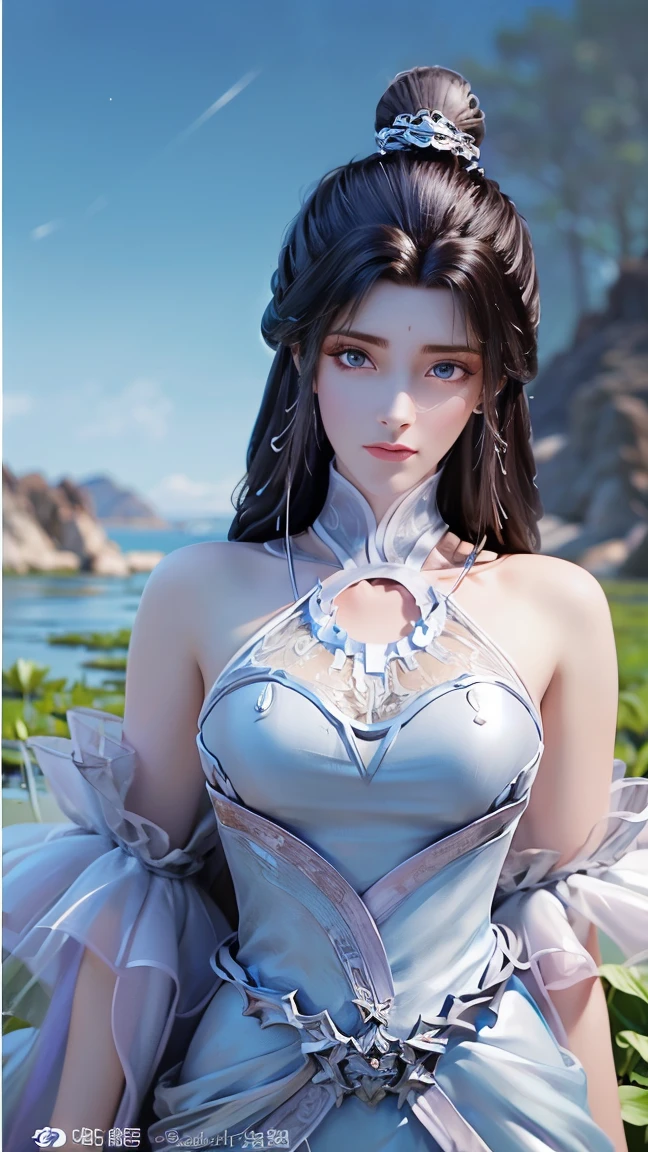 超 High resolution ,  High resolution , ( Official Art ,  Beautiful and beautiful:1.2), ( Close-eye view :1.15), (1girl,  Blue Hair , medium long hair, blue eyes,  bright eyes ,  Long white dress ,  blue lotus leaf edge ,:1.2) blue sky,  twinkling galaxy , ( Uyuni salt marsh :1.2), (fractal art:0.8), Water effect ,  Chain reaction , (Flower effect : 0.65),  lighting effect ,