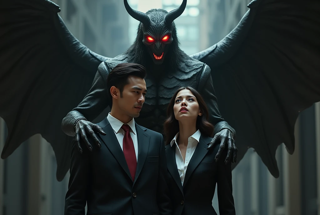 Demon in a dark suit fighting an angel in a suit