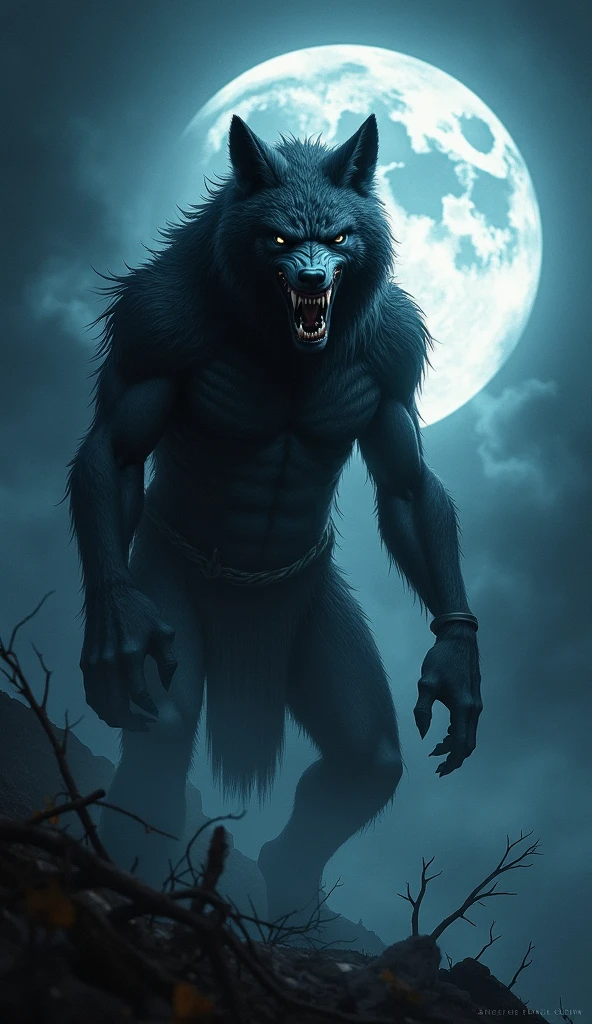 Male werewolf, Upper body naked , Black body, White belly , White Face , Erect crotch  ,  Gentle eyes , Bright light , Moonlit Night , whole body 