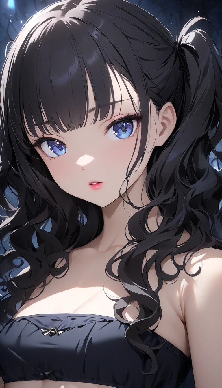 2d, sketch art, one anime woman, sad, black hair, busty, medium breasts, cleavage, POV, close up, black nightgown, (detailed eyes, beautiful eyes), (purple eyes:1.2)