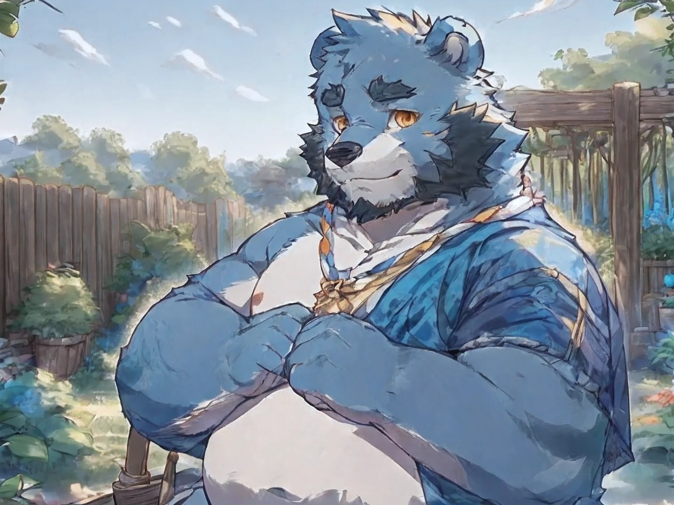 (morning), a boy playing in the garden,Topless,quality, Rich colors , extremely detailed,Full body close-up,Beautiful appearance ,The teenager is a blue bear, Orange-gold eyes ,Thick hair on the body, Very Cute ,Fat,blue bear, unique ,The hair on both sides is dark blue