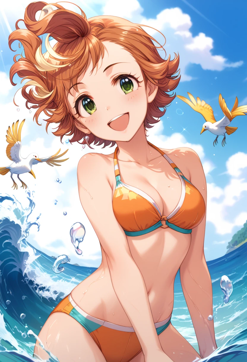 A cheerful girl Honda Mio with redbrown short hair and an orange swimsuit is joyfully playing in the ocean under a clear blue sky. Her wide smile radiates happiness, and her expressive green eyes sparkle with the excitement of summer fun. She is splashing water playfully with her hands, droplets catching the sunlight and creating a lively, shimmering effect around her. The background features gentle waves lapping against the shore, a few seagulls soaring in the distance, and the faint outline of beachgoers enjoying the day. The scene captures the pure joy of summer and the warmth of the sun reflecting off the water, with a vivid and lively atmosphere.
