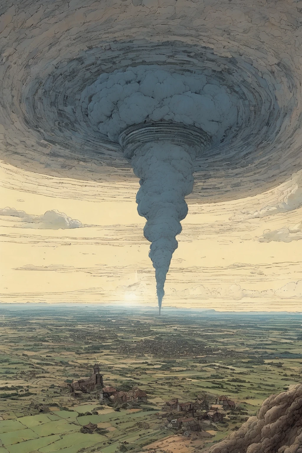 moebius (Jean Giraud) Style -A breathtaking aerial view capturing the exact moment a massive tornado is revealed to have a gigantic eye-shaped structure at its core. The tornado spirals violently under a stormy, dark sky, with lightning illuminating the swirling clouds. The eye is otherworldly, glowing faintly with an eerie light, and surrounded by turbulent winds and debris. The landscape below shows fields and small towns, partially obscured by the tornado's shadow and dust. The scene is dramatic, mysterious, and awe-inspiring
