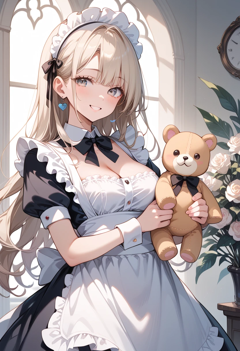 (masterpiece, best quality, ultra detailed, high resolution, detailed facial description), (1 older female:1.2), (black long hair:1.2), (maid, maid headdress, maid apron), (lace trimmed panties, garter belt), (light makeup:1.1), (light smile, seductive smile, blush), holding stuffed toy:1.2