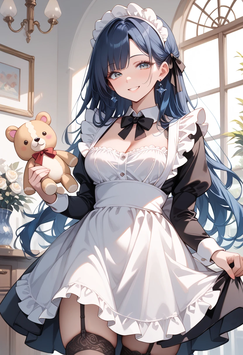 (masterpiece, best quality, ultra detailed, high resolution, detailed facial description), (1 older female:1.2), (black long hair:1.2), (maid, maid headdress, maid apron), (lace trimmed panties, garter belt), (light makeup:1.1), (light smile, seductive smile, blush), holding stuffed toy:1.2