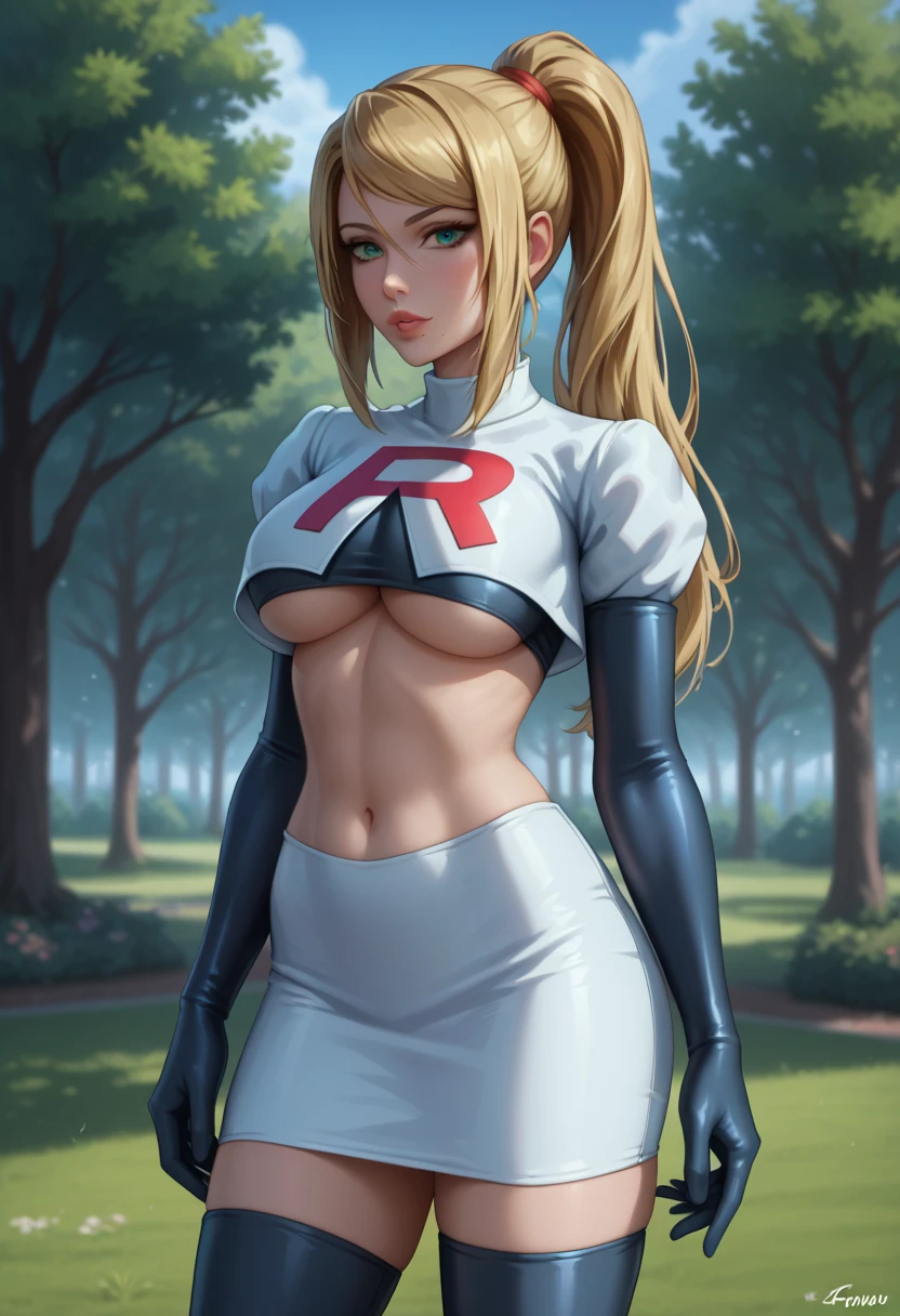 score_9, score_8_up, score_7_up, 1girl, solo, beautiful waifu, Samus Aran, ponytail, filled lips, thick lips, detailed eyes, detailed face, flirt, looking at viewer, Cosplay_TeamRocket, team rocket uniform, white jacket, cropped jacket, white skirt, elbow gloves, black thigh highs, underboob, in beautiful green park, trees, low light, early evening, shallow depth of field.