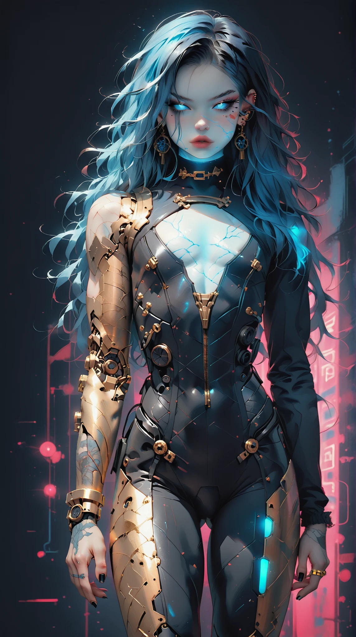 (nsfw:1), (Uncensored:1), score_9, score_8_up, score_7_up, (Three quarters Shot), (1 girl), (asian), beautiful teenage (skinny) muscular goth cyborg girl, (full Cybernetic bodysuit:1.5), (black sclera:1.5), (blue glowing eyes:1.5), (blue glowing body veins:1.5), (flat chest:1.25), (blue glowing hair:1.25), (beautiful face:1.25), (bodybuilder femboy physique:1.25), (skinny long legs:0.75),(blue willow pattern:1.5), (gold cracks:1.2), kintsugi, long hair, (skin painting:1.2), full body, (white skin), k1ntsug1, bimbo lips, cowboy shot, cybernetic, mechanoid body parts, exposed cables and circuits, neon lights, gothic neon style, cyber punk style, super realistic image, beautiful digital paint , hyper Realistic illustrations, 