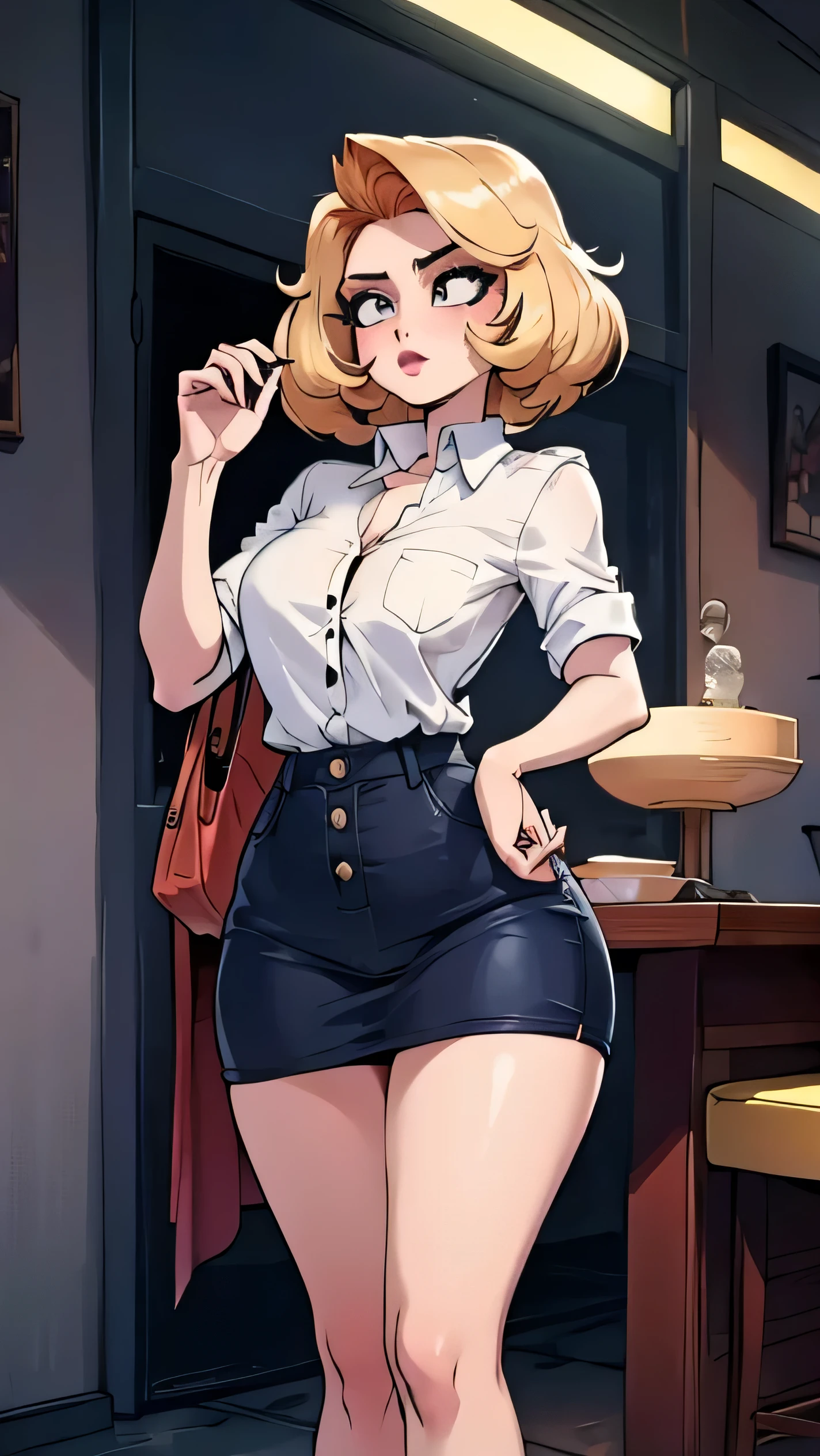 perfect face , manos perfectas, voluptuous body , short skirt, fitted button-down shirt, short sleeves, high neck, dynamic pose, full body.