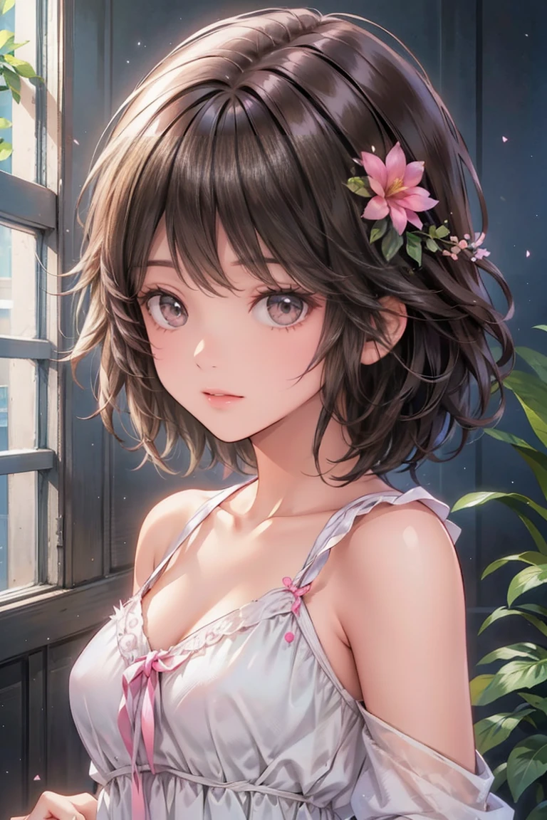 ((Masterpiece)), (Anime:1.3), ((best quality)), (RAW photo: 1.2), (High Definition:1.3), (Professional Photography:1.2), (drop shadow:1.5), (closeup face), Textured skin, cinematic lighting, (12 years old), 1girl, (Cute teenage beautiful Girl),BREAK, ((best quality)), ((glossy lips)), beautiful brown eyes, (Beautiful iolite eyes:1.5), Cat ears, (Pale brown hair), unruly hair, medium hair, (long bang), (clover hair ornament), (innocent smile), Open mouth, BREAK, (Anime:1.3), ((very torn white tanktop)), Slender body, small breasts, sweaty, Beautiful small breasts, (kawaii posing:1.4), Slum townscape,