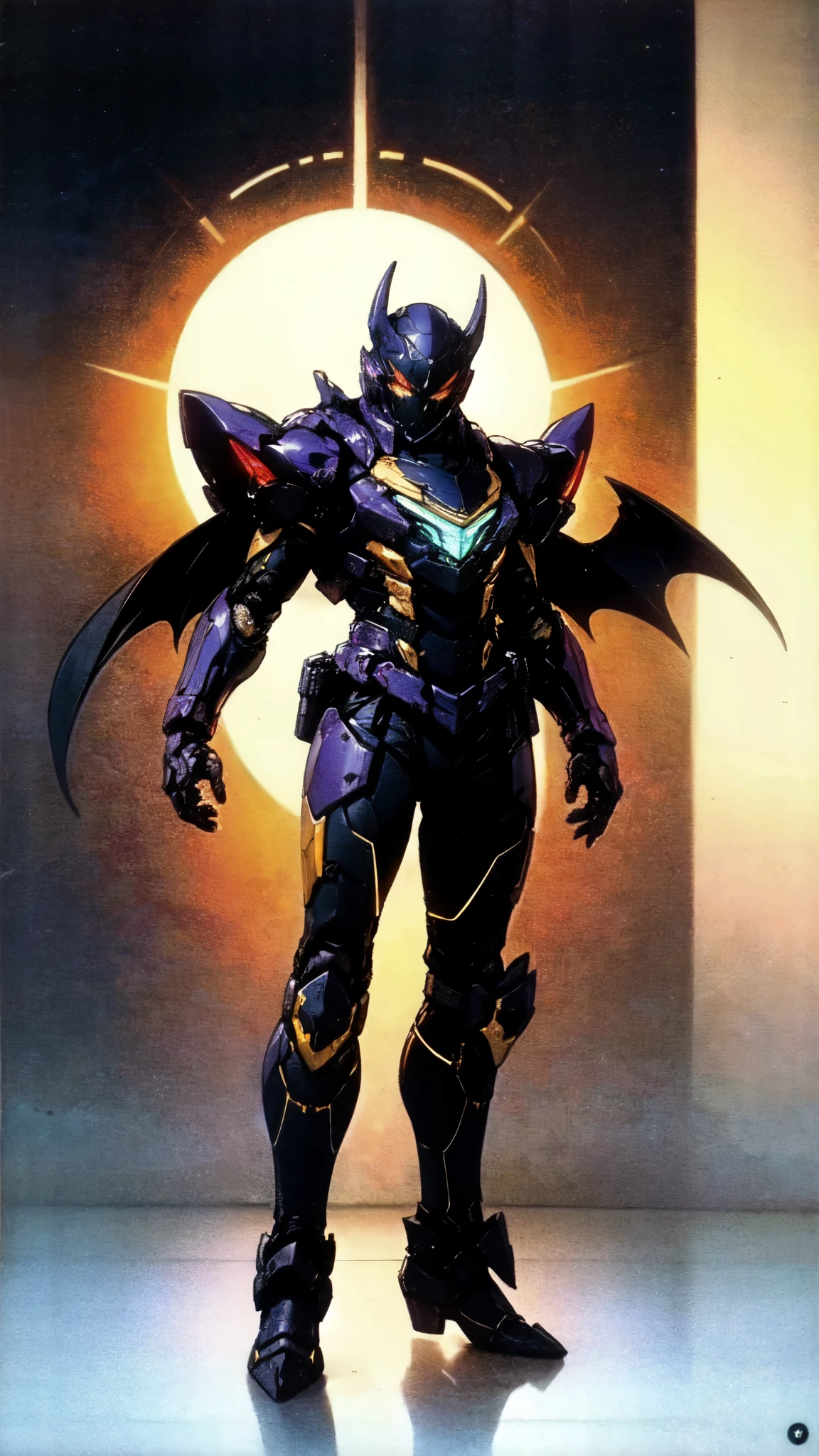 (masterpiece:1.5, best quality:1.5, extremely delicate:1.5), ((male:1.5)), a man wearing a full-face helmet, high-tech biomimetic armored combat suit, (a composite layered chest armor), the design balances heavy with agility, fully enclosed shoulder guards, matching arm and leg guards, a belt of gemstone, (the color scheme is primarily Red with Purple and Yellow accents, Organic Biotech, Concept Inspired by Vampire, glowing eyes, armor glows, huge cloak like devil wings), stand of a futuristic sci-fi city, this character embodies a finely crafted fantasy-style armored hero in anime style, exquisite and mature art style, metallic, high definition, highres, ultra-detailed, ultra-fine painting, professional, perfect body proportions, golden ratio, anatomically correct, symmetrical face, extremely detailed eyes and face, high quality eyes, creativity, RAW photo, UHD, 32k, Natural light, cinematic lighting, (masterpiece-anatomy-perfect:1.2)