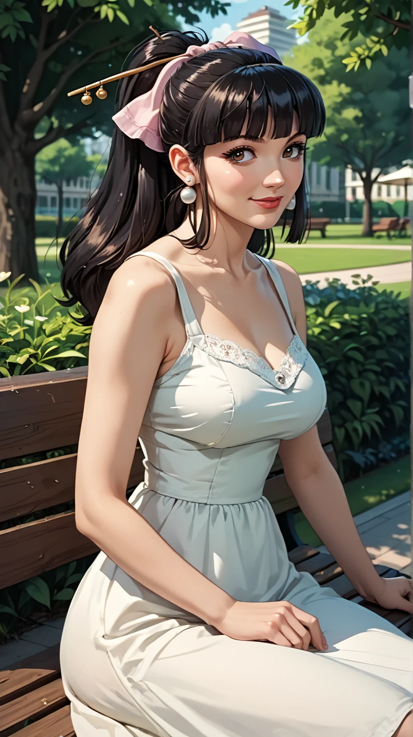 score_9, score_8_up, score_7_up, score_6_up, cowboy shot,anime style, smile,semi-realistic,  1girl, mature female,Agatha, 
black hair, ponytail, hair bow, hair stick, brown eyes, earrings, lips, sundress,park, bench, sitting, looking to the side, from side, 