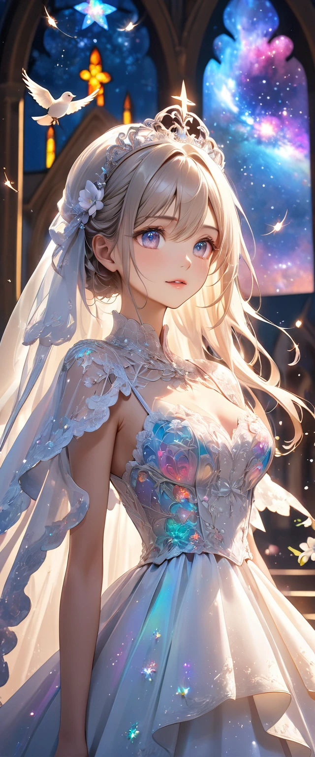 best quality, Super quality, 16K, Ridiculous, Very detailed, 2.5D, delicate and dynamic, church, Brightly colored stained glass, Faint lights and flying fireflies, night, Starry Sky, Milky Way, nebula, meteor, Flowers, birds, Wind and Moon, The expression is extremely delicate, Delicate eye expression, Upper body close-up, , The Only Sexy Girl, Healthy body shape, 22 years old woman, bride, Height 170cm, Huge firm bouncing breasts, Colorful headdress, Long wedding dress with complex structure, Colorful long wedding dress, Ruffled Sheer Long Wedding Dress, Extra long cape