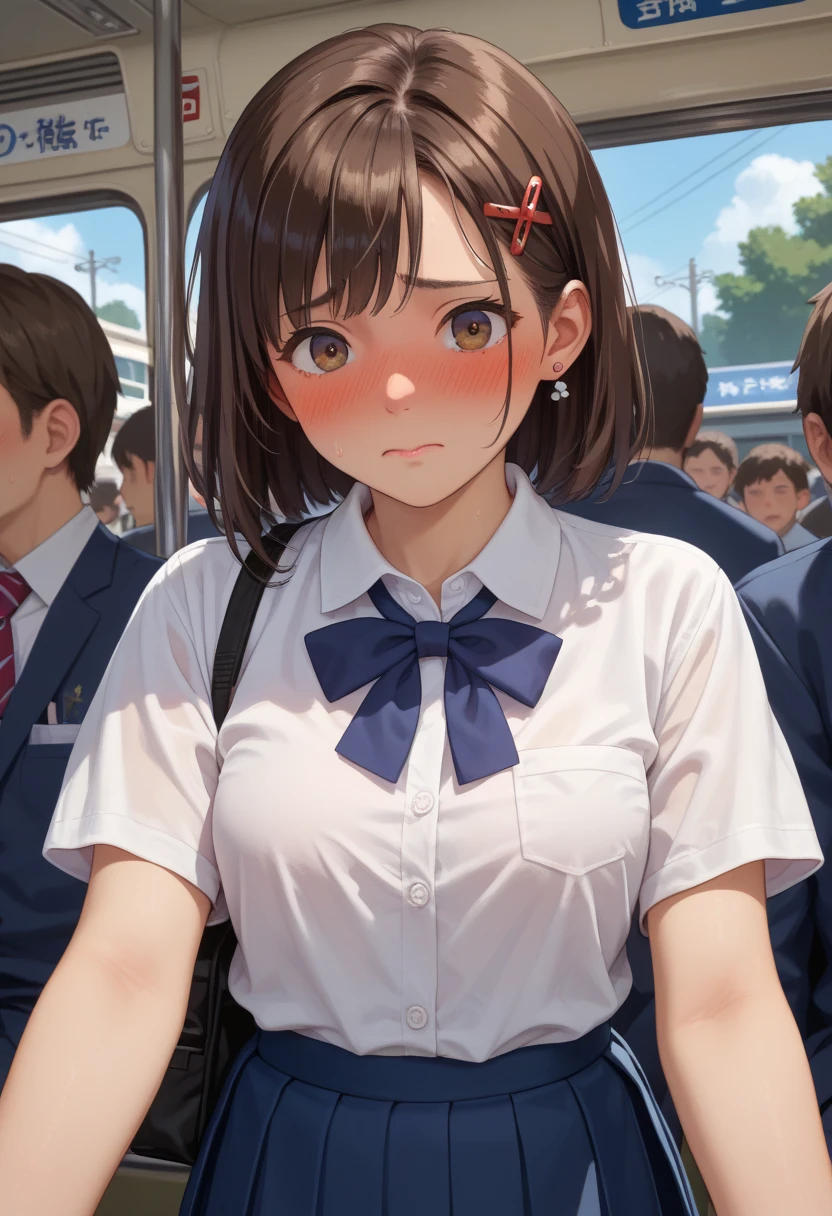 score_9, score_8_up, score_7_up, (nsfw, molester, in the train), (1girl, front view), (16years old, Japanese school girl), (dark brown hair, hair pin), White shirt blouse, pleated skirt, (embarrassed expression, blush), BREAK (POV, exhibitionism, flashing penis), crowd