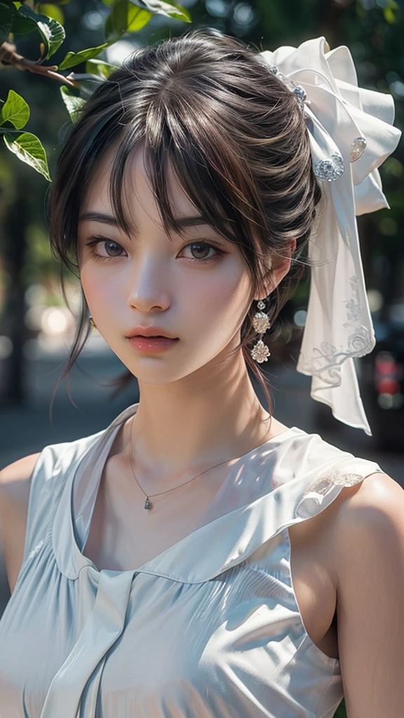 (((Black Short Hair))), (Louvre Museum), Seductive pose, Background is grassland、Image from chest up:1.6)、Close-up portrait of a woman wearing a white off-the-shoulder top dress and earrings, Soft portrait shot 8k, Nice delicate face, High-quality 4K portraits, High-quality portraits, Soft, perfect, pale skin, 8K Highly Detailed Face, なbeautiful繊細な顔, beautiful光の大きな目, Beautiful and realistic face, beautiful14Old woman, Beautiful and realistic face, cute14Old woman