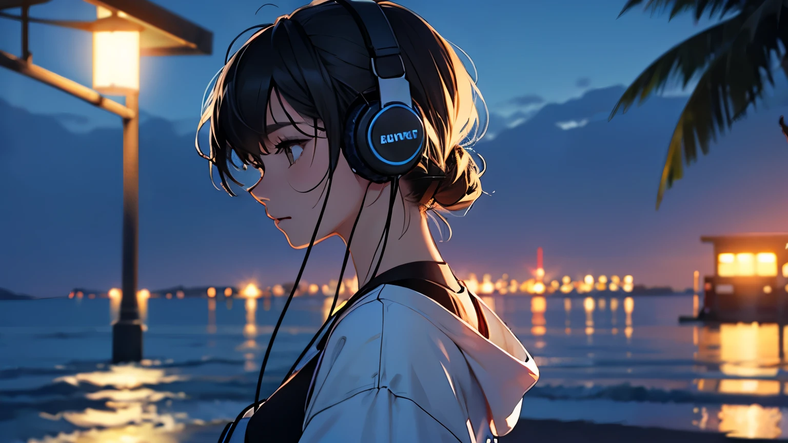 Woman facing forward、 are cool、cool、The background is the night sea、 wearing headphones、 quiet atmosphere 、midnight