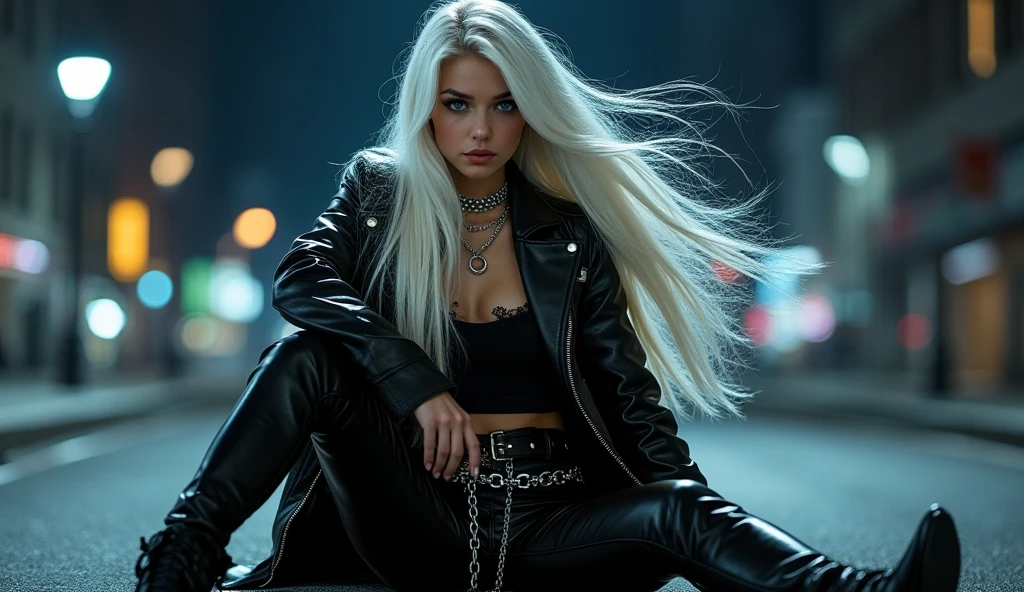 Blonde Young Drug Addict, Thin Dreadlocks, , Excited gaze, Pale, thin figure, Skinny, Choker, Leather Short Tapered Jacket Shiny, leather pants, wet t-shirt, Beautiful breasts under a t-shirt,Lots of knives
