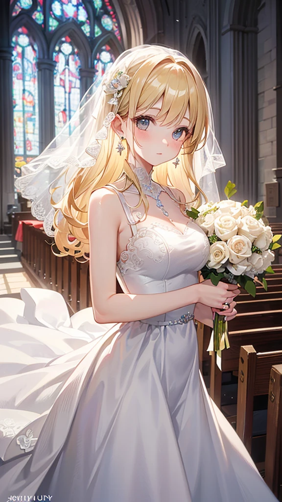 ((best quality)), ((masterpiece)), (detailed), perfect face, (best quality), (detailed skin:1.3), (intricate details), curly hair, Wedding, wedding dress, expression of joy, holding a bouquet in both hands, pure white dress, blonde hair, earrings, engagement ring, church