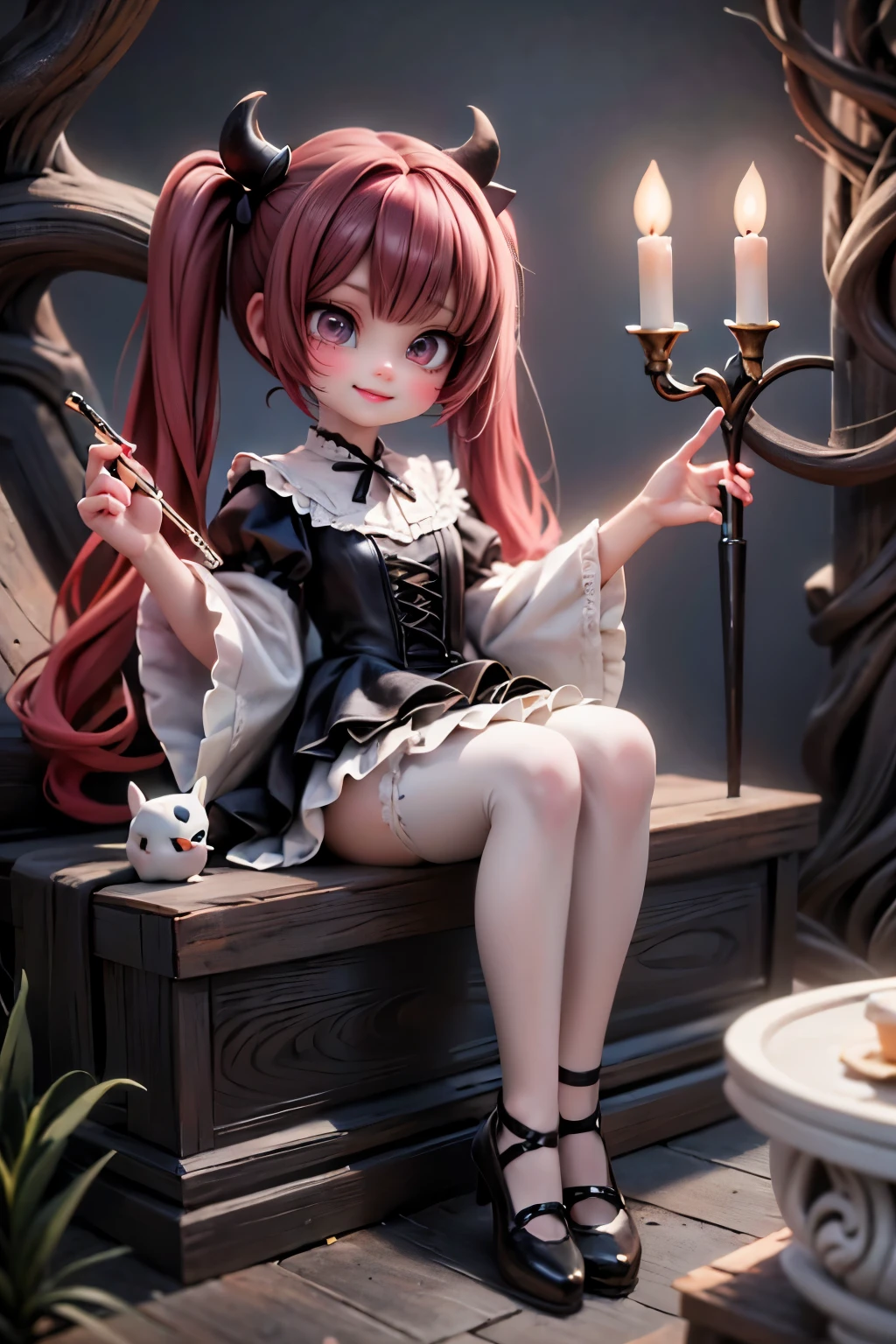 In a dimly lit, (Haunting) ((Gothic Art Style)) underwater garden, a tiny, mischievous toddler demon girl sits upon a mushroom-shaped throne, her bright red hair tied in pigtails as she plays a delicate flute melody. She wears a vibrant, frilly dress and white hosiery, her Mary Janes pumps adorned with tiny, glowing gemstones. The (Haunted) atmosphere is enhanced by the twisted, gnarled trees and eerie, flickering torches surrounding the scene.