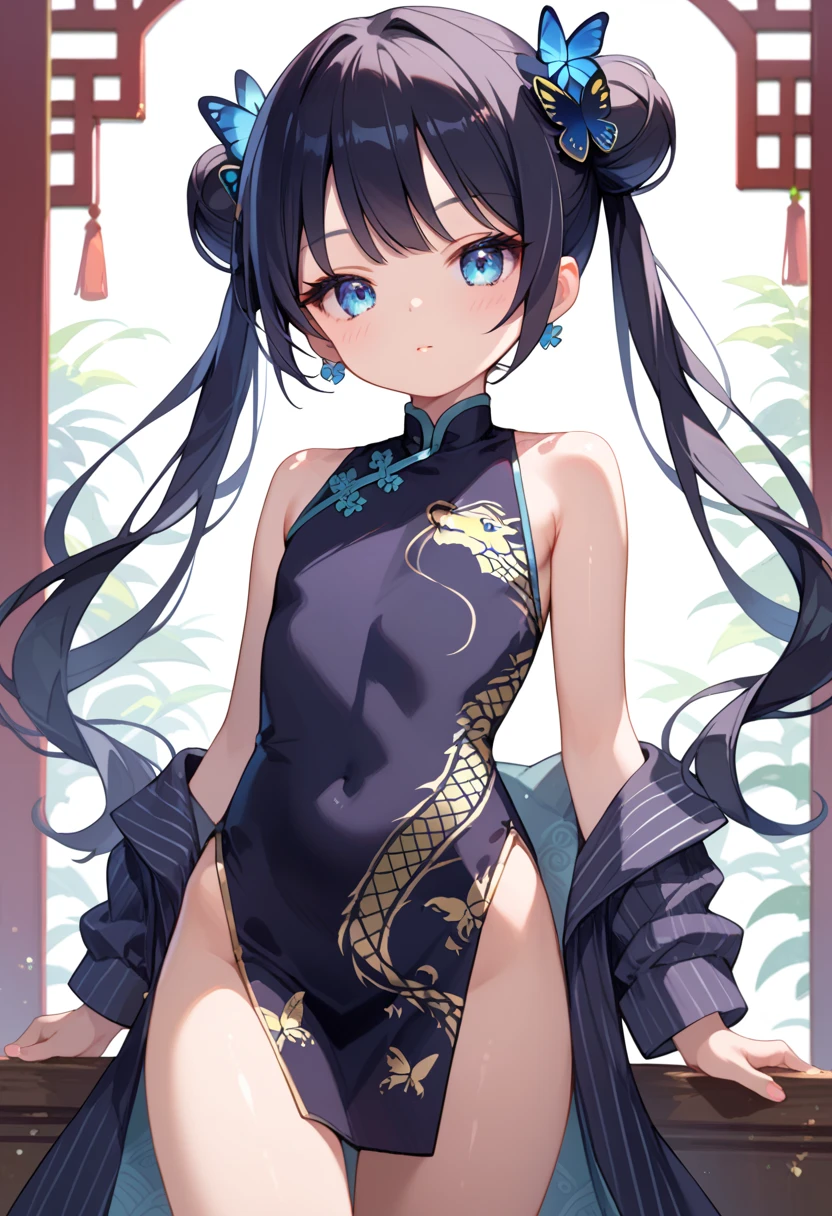 masterpiece,  best quality,  perfect face,  highest resolution, Ryuuge Kisaki,  1 girl, young,  black hair,  twin tails, Butterfly Hair Ornament,  long hair,  flat chested, Chinese Dress , dragon print, Gold embellished dress