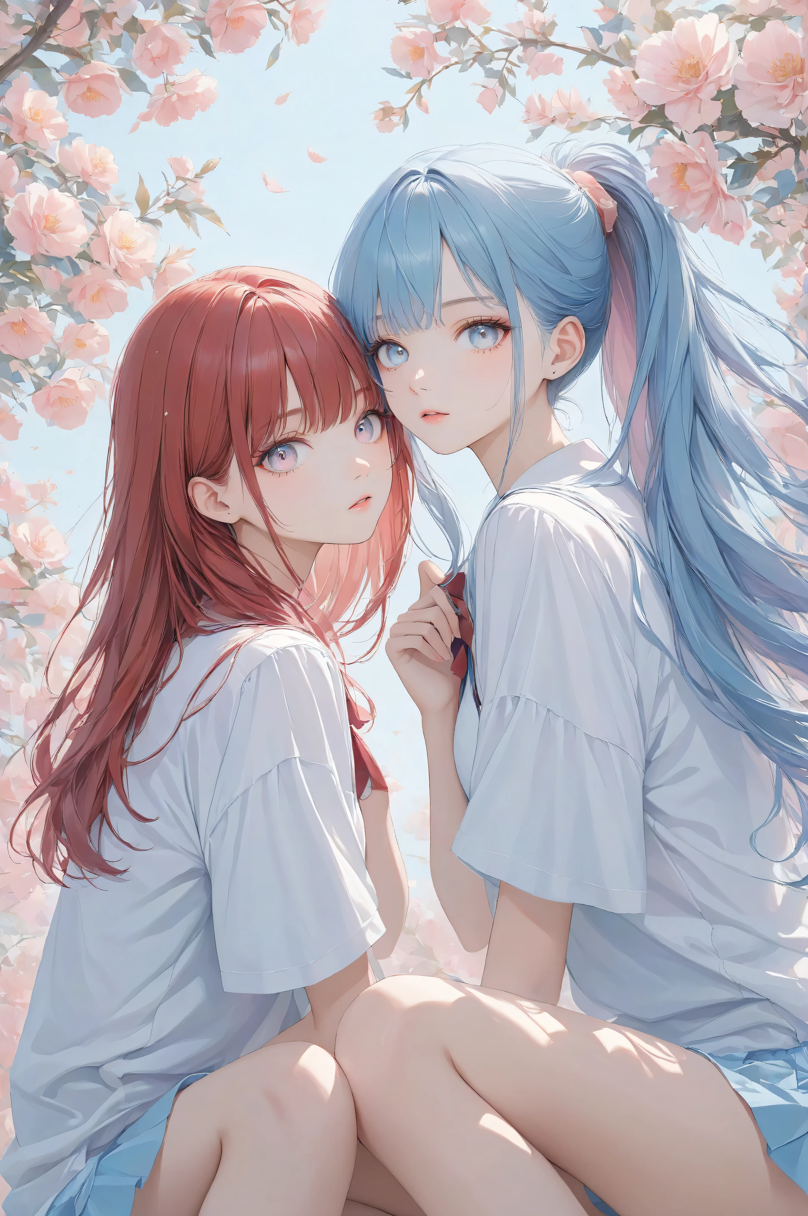 Masterpiece, high quality, high resolution, 16K, ultra detailed background, ultra realistic, digital painting, pastel colors, delicate hair, two girls, one girl with red hair in ponytail, the other girl with short blue hair, beautiful face, long eyelashes, clean skin, thin legs, pretty eyes, school, dramatic angle