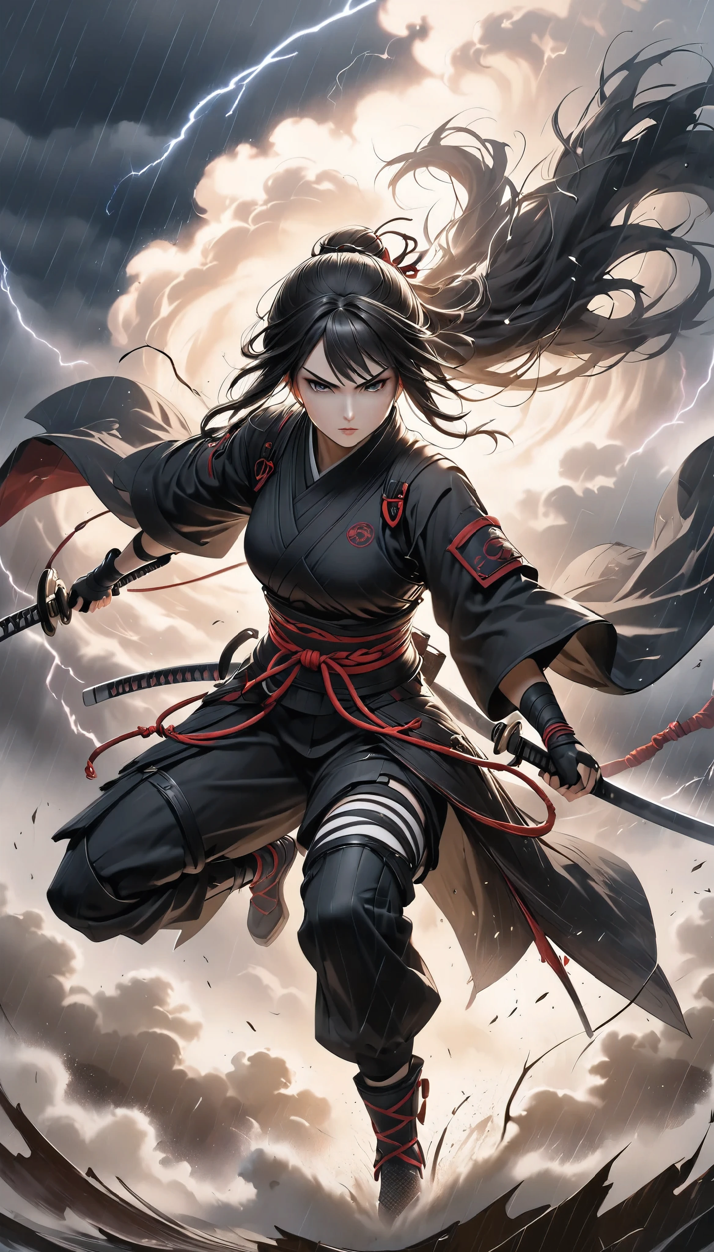  Female Ninja Who Manipulates Tornadoes , The Art of Thunderstorm ,  Tornado Surrounding Her ,  Shinobi Outfit to Be Torn,  Holding Ninja Swords , Defensive posture, 