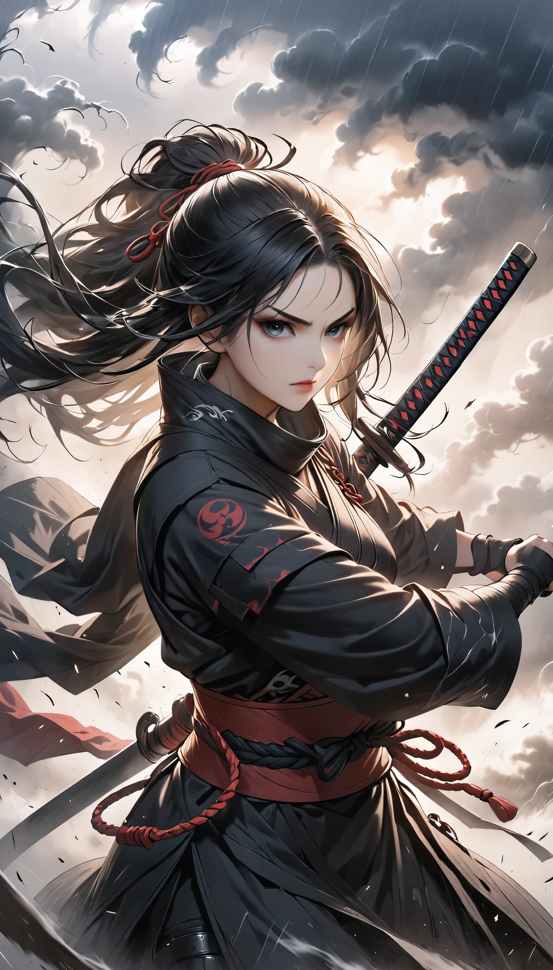  Female Ninja Who Manipulates Tornadoes , The Art of Thunderstorm ,  Tornado Surrounding Her ,  Shinobi Outfit to Be Torn,  Holding Ninja Swords , Defensive posture, 