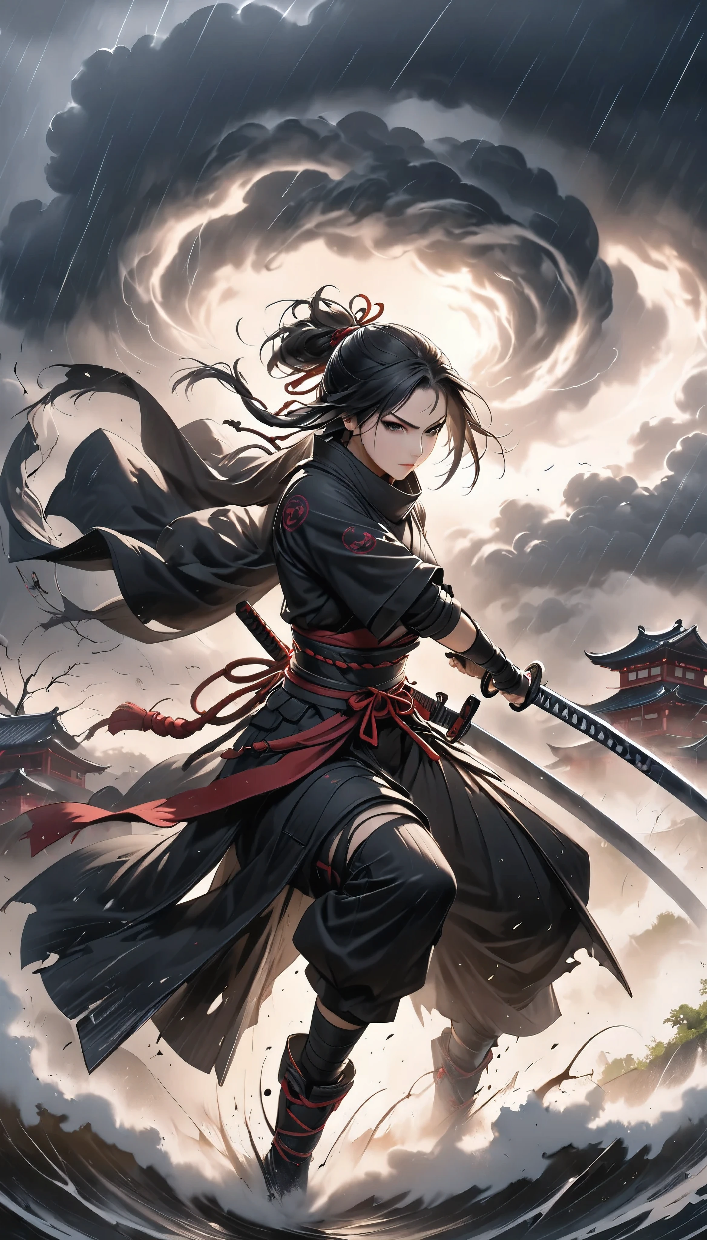  Female Ninja Who Manipulates Tornadoes , The Art of Thunderstorm ,  Tornado Surrounding Her ,  Shinobi Outfit to Be Torn,  Holding Ninja Swords , Defensive posture, 