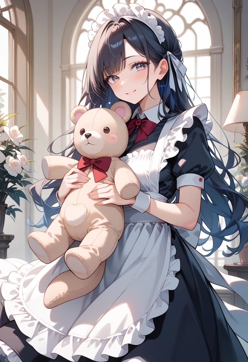 (masterpiece, best quality, ultra detailed, high resolution, detailed facial description), (1 older female:1.2), (black long hair:1.2), (maid, maid headdress, maid apron), (lace trimmed panties, garter belt), (light makeup:1.1), (light smile, seductive smile, blush), (holding stuffed toy:1.2, Hug a stuffed toy:1.2)