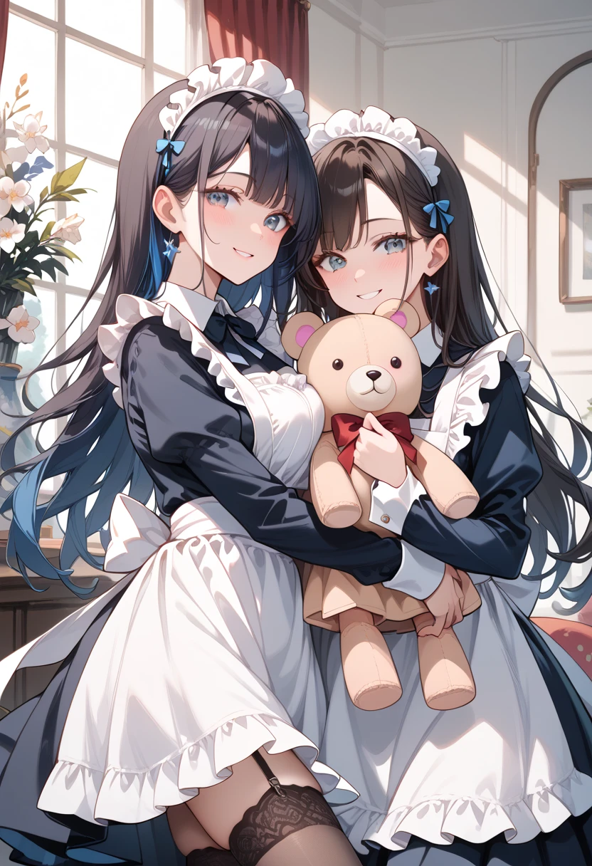 (masterpiece, best quality, ultra detailed, high resolution, detailed facial description), (1 older female:1.2), (black long hair:1.2), (maid, maid headdress, maid apron), (lace trimmed panties, garter belt), (light makeup:1.1), (light smile, seductive smile, blush), (holding stuffed toy:1.2, Hug a stuffed toy:1.2)