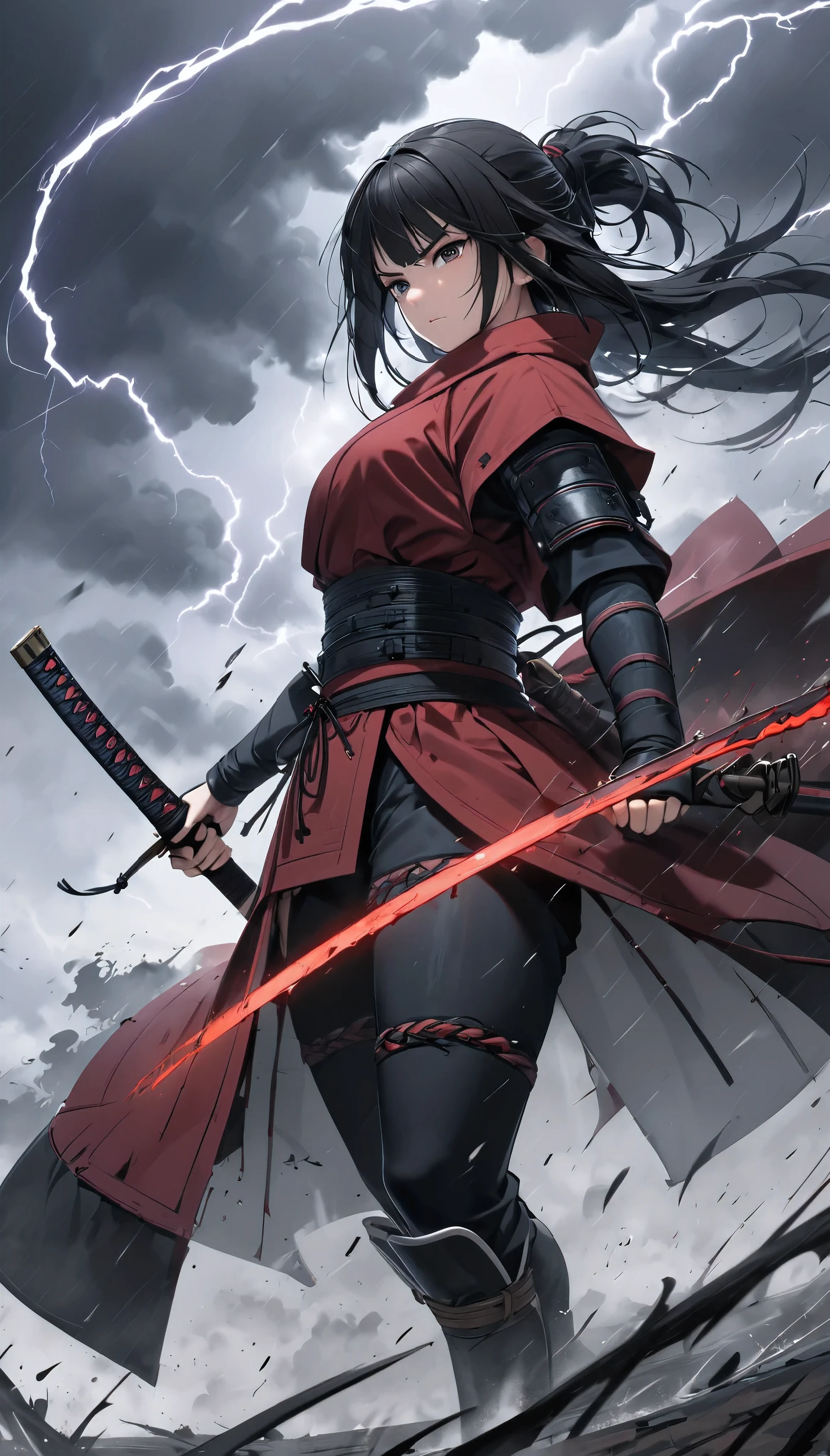  Female Ninja Who Manipulates Tornadoes , The Art of Thunderstorm ,  Tornado Surrounding Her ,  Shinobi Outfit to Be Torn,  Holding Ninja Swords , Defensive posture, 