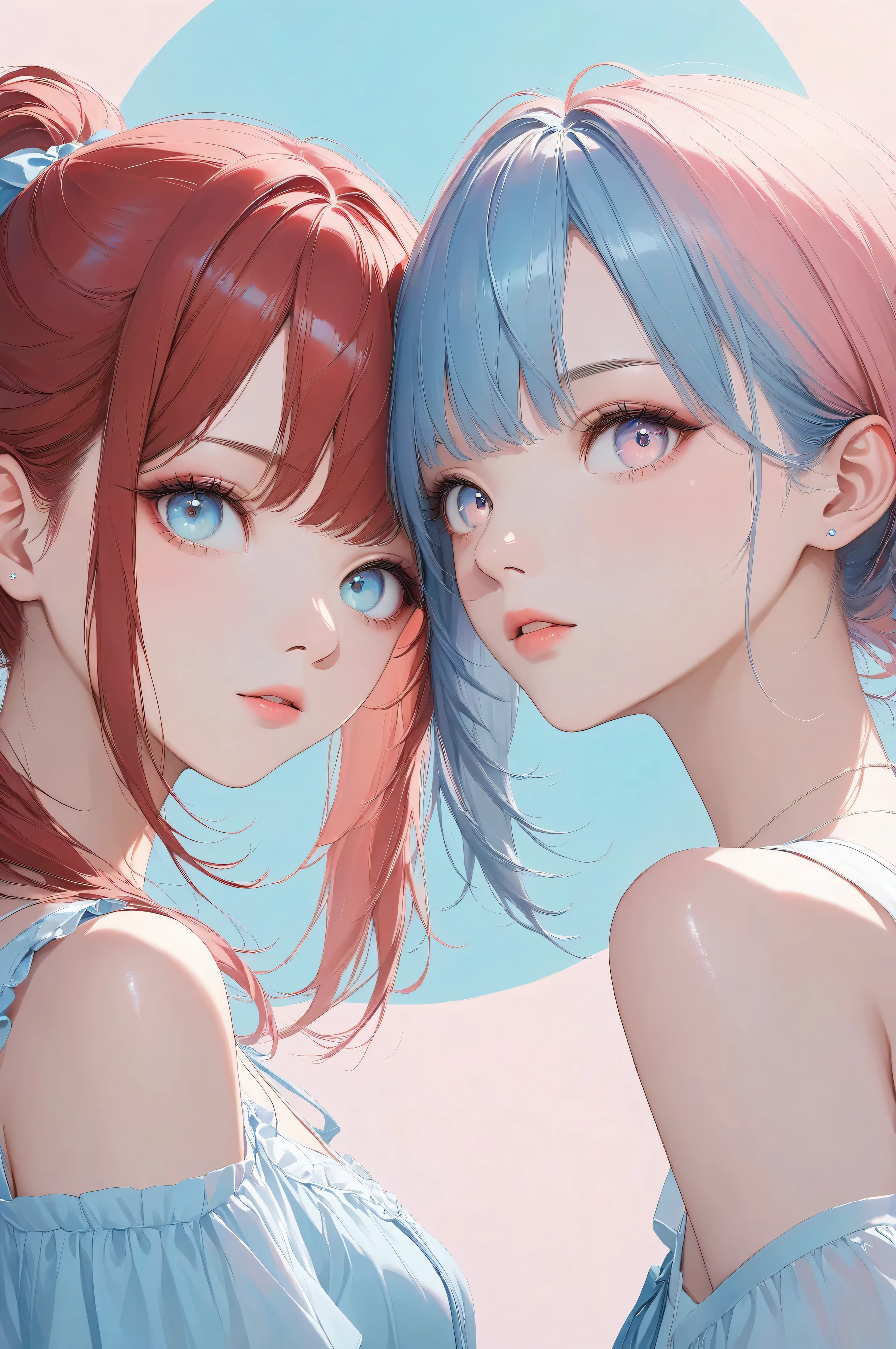 Masterpiece, high quality, high resolution, 16K, ultra detailed background, ultra realistic, digital painting, pastel colors, delicate hair, two girls, girl with red hair in ponytail, girl with short blue hair, beautiful face, long eyelashes, clean skin, thin legs, pretty eyes, school, dramatic angle