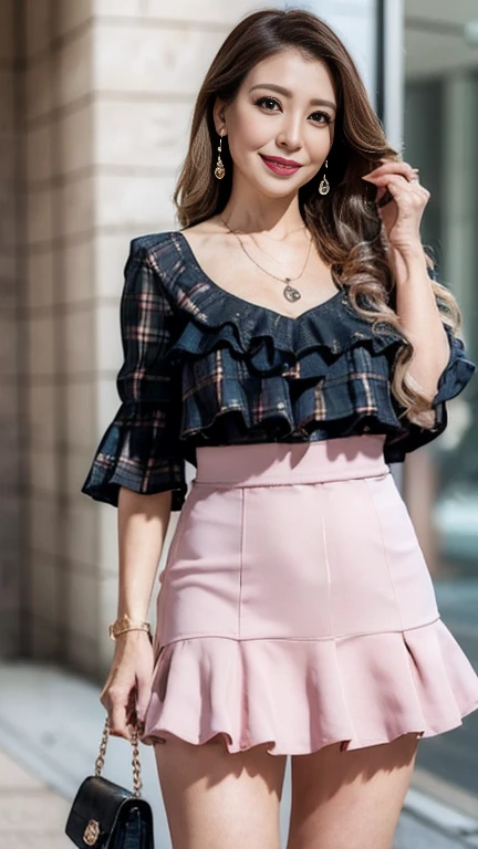 full body shot, from below,  japanese mature,  detailed face , Facial wrinkles, Wrinkles around the eyes, smile,  Detailed Skin Textures ,  white skin,  heavy makeup,  long hair, curvy body, (earrings,  Necklaces , blouse with ruffles, pink ruffled skirt, plaid mini skirt: 1.2), ( wearing high heels :1.2), ( full body shot from toe to head wearing black high heels, Standing on the sidewalk:1.2), ( surrealism, best quality, ultra detailed, absolutely resolution, 8k, anatomically correct), depth of field, looking at viewer, tachi-e, (gal.safetensors), (bimajo ),  detailed face , full body
