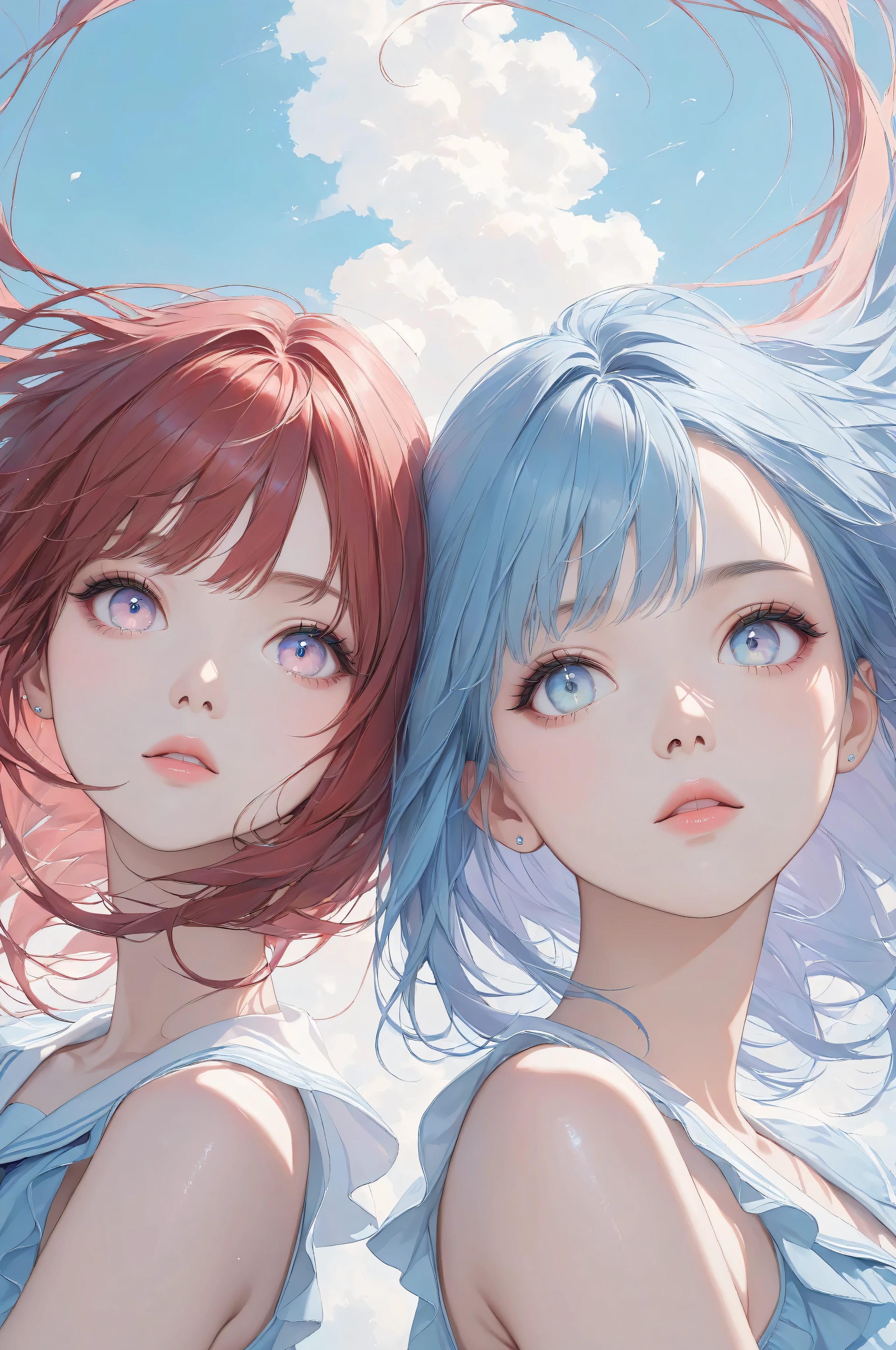 Masterpiece, high quality, high resolution, 16K, ultra detailed background, ultra realistic, digital painting, pastel colors, delicate hair, two girls, girl with red hair in ponytail, girl with short blue hair, beautiful face, long eyelashes, clean skin, thin legs, pretty eyes, school, dramatic angle